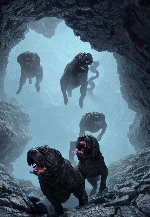 Prompt: three lovecraftian rabies mastiffs attacking inside a claustrophobic dark blue canyon of stone, foaming at the mouth, like ink in water, tapetum lucidum, monsters, digital art, greg rutkowski, junju ito, unreal engine, octane render, cinematic lighting, highly detailed