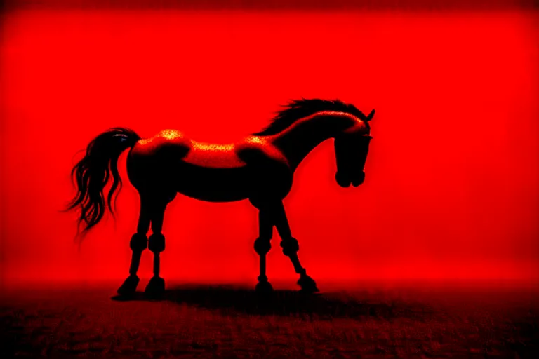 Image similar to a red horse, in the style of beksinski, parts by edward hopper, parts by rodcenko, parts by yue minjun, intricate and epic composition, red by caravaggio, insanely quality, highly detailed, masterpiece, red light, artstation, 4 k