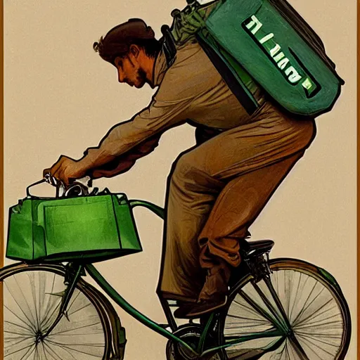Prompt: a uber eats delivery guy with a green bag on his back, peddling his bicycle, 30mm, by alphonse mucha, artgerm, H R Giger, trending on ArtStation, deviantart, high detail, stylized portrait