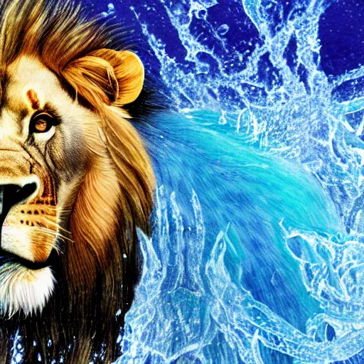 Image similar to a male lion's face breaching through a wall of water, water sprites, splashing, deep blue water color, highly detailed, realistic digital art