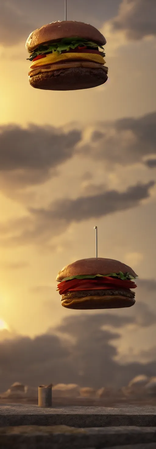 Prompt: Tall Hamburger, product shot, macro, hyper realistic, sunset, octane render, trending on artstation, artstationHD, artstationHQ, unreal engine, 4k, 8k