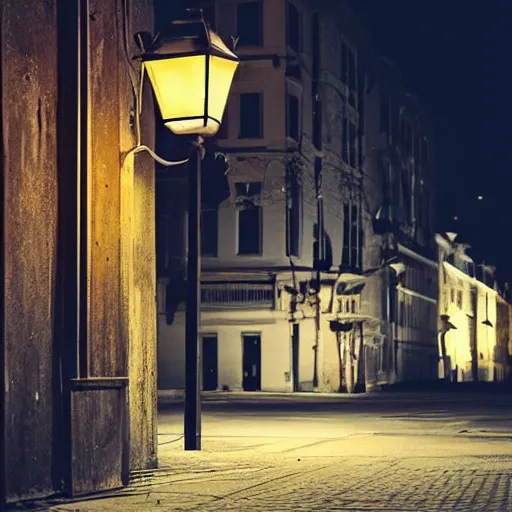 Image similar to lonely old lantern on empty modern street at night