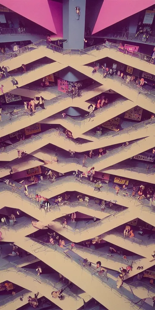 Image similar to huge sprawling gargantuan angular dimension of infinite indoor landscape 8 0 s mall interior. surrealism, mallsoft, vaporwave. muted colors, 8 0 s pop culture, food court, shot from above, endless, never - ending epic scale by escher and ricardo bofill