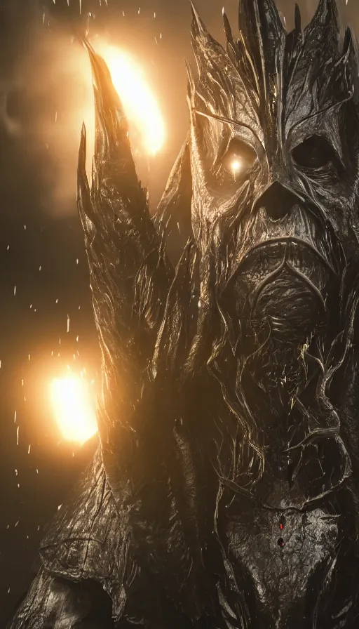 Image similar to The Dark Lord Sauron, ultra detailed, octane render, super realistic, unreal engine 5, atmospheric lighting