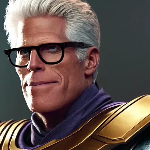 Prompt: ted danson, wearing glasses and thanos armour, hd 4k photo, cinematic lighting