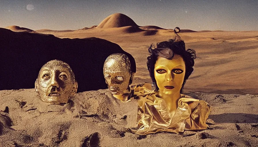 Prompt: salvador dali and bene gesserit in full - face golden glowing mask in a black rocky desert landscape with alien abandoned city beneath the sand and giant alien spaceship in the sky attacks the earth by christopher doyle and alejandro jodorowsky, anamorphic lens, kodakchrome, cinematic composition, very detailed photo, 8 k,