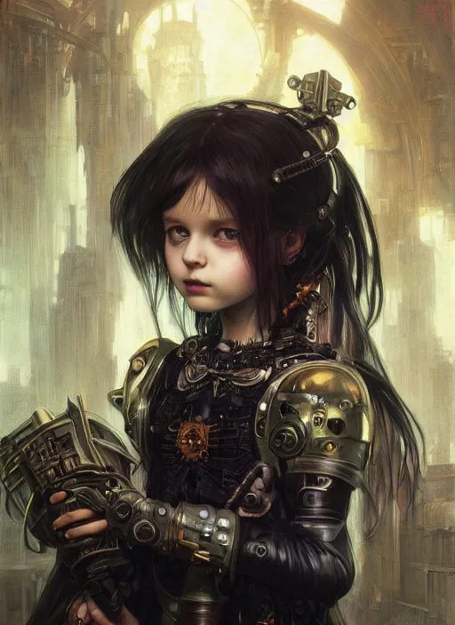 Image similar to portrait of cute little gothic girl child, warhammer 40000, cyberpunk, intricate, elegant, highly detailed, digital painting, artstation, concept art, smooth, sharp focus, illustration, art by artgerm and greg rutkowski and alphonse mucha and Gustav Klimt