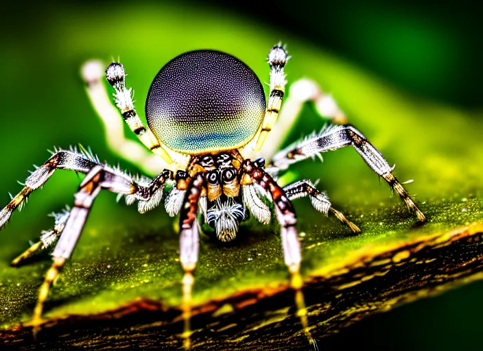 Prompt: macro portrait of a crystal spider in the forest. Fantasy magic style. Highly detailed 8k. Intricate. Nikon d850 300mm. Award winning photography.