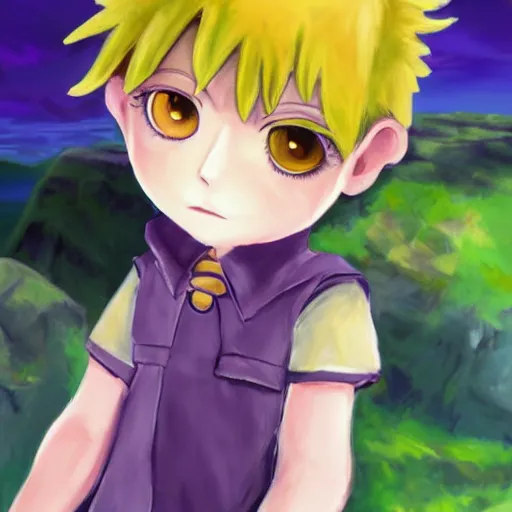 Image similar to little boy wearing an tunic, blonde hair. purple and yellow color palate, detailed soft painting, made in abyss art style, anatomically correct