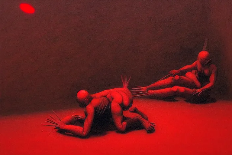 Image similar to only with red, a red samurai do seppuku, tokio, a lot of frogs watch, in the style of beksinski, parts by edward hopper, parts by rodcenko, parts by yue minjun, intricate and epic composition, red by caravaggio, insanely quality, highly detailed, masterpiece, red light, artstation, 4 k