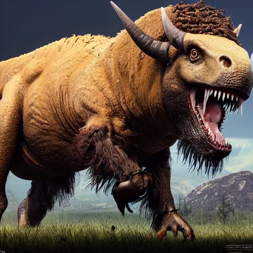 Image similar to A mix of a tyrannosaurus rex and a bison, highly detailed, 8k, Unreal Engine render