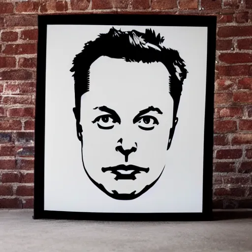 Image similar to elon musk's face logo as a silkscreen print art / serigraphy designs cut out of paper or another thin, strong material and then printed by rubbing, rolling, or spraying paint or ink through the cut out areas