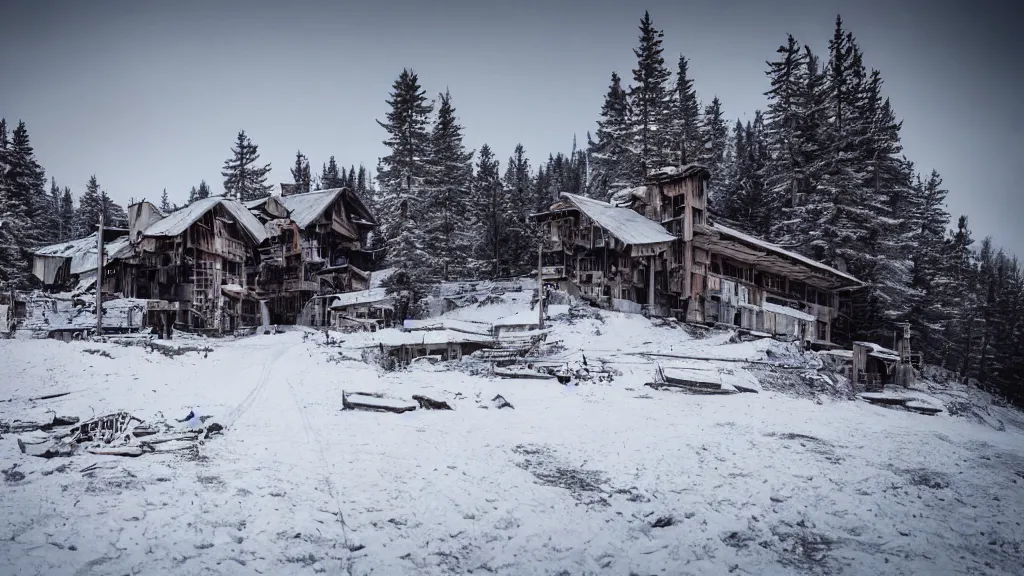 Image similar to beautiful Nier Automata landscape at an abandonned ski station, near a chairlift, winter