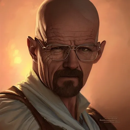 Image similar to walter white, d & d, fantasy, intricate, elegant, highly detailed, digital painting, artstation, concept art, matte, sharp focus, illustration, hearthstone, art by artgerm and greg rutkowski and alphonse mucha