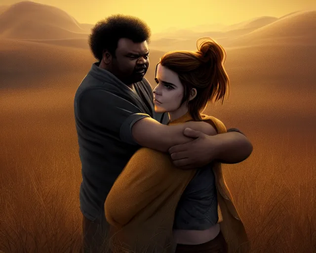 Prompt: craig robinson and emma watson in a peaceful wasteland, golden hour, digital art, loving embrace, trending on artstation