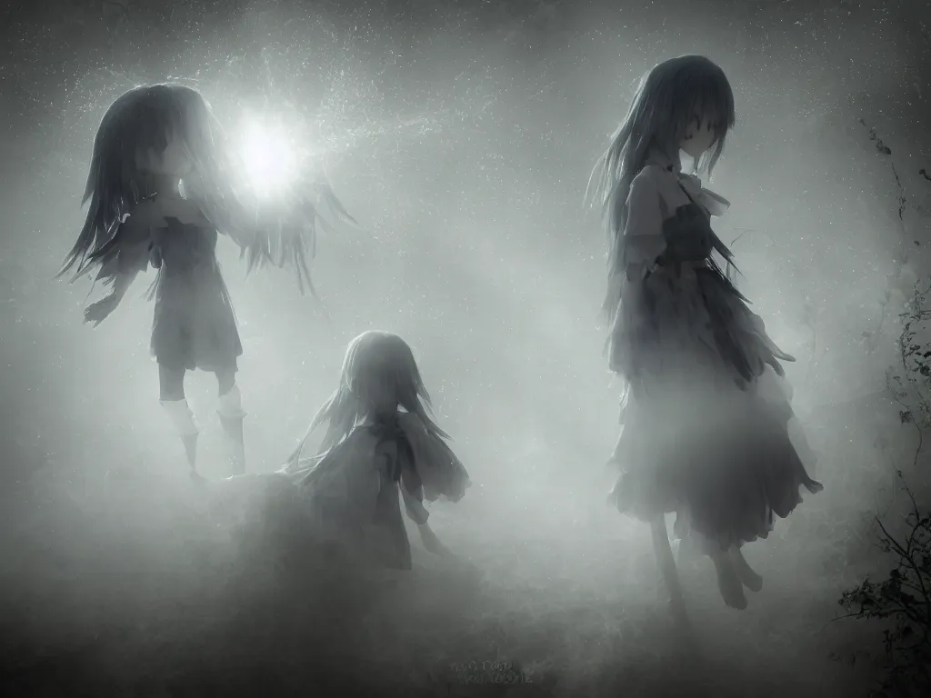 Image similar to cute fumo plush girl ghost in the haze of the murky river, smoke and volumetric fog, tattered gothic horror maiden, fallen angel, blue lens flare, light shafts, light and shadow, vray