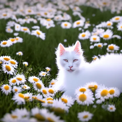 Prompt: a fluffy white cat sleepimg in a daisies field, sunset, cinematic scene, photorealistic