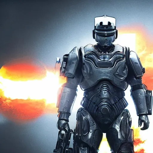 Image similar to kanye west as ( ( robocop ) ) in gears of war, kanye west face, splash art, movie still, cinematic lighting, detailed face, dramatic, octane render, long lens, shallow depth of field, bokeh, anamorphic lens flare, 8 k, hyper detailed, 3 5 mm film grain