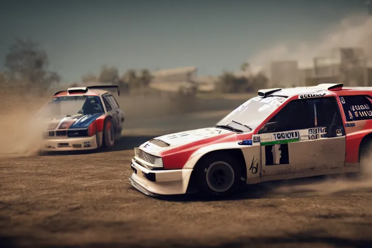 Prompt: group b rally car drifting, forza, photoreal, dynamic scene, dynamic lighting, 8 k, motion blur, dust, trending on artstation, higly detailed, ( higly detailed ), styleframe, crowned, artwork by wlop