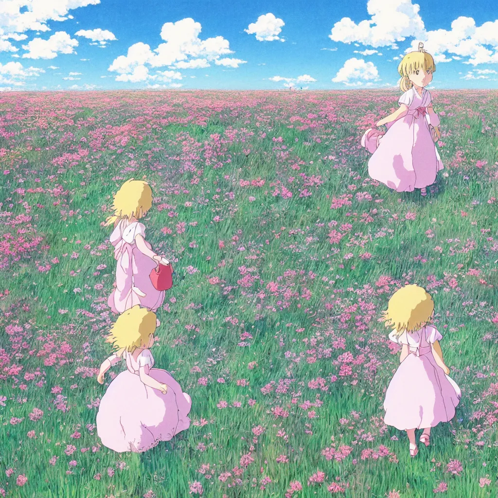 Image similar to little girl in princess dress, walking through a field of flowers, puffy clouds, beautiful, summer, calm, studio ghibli, art by hayao miyazaki, makoto shinkai