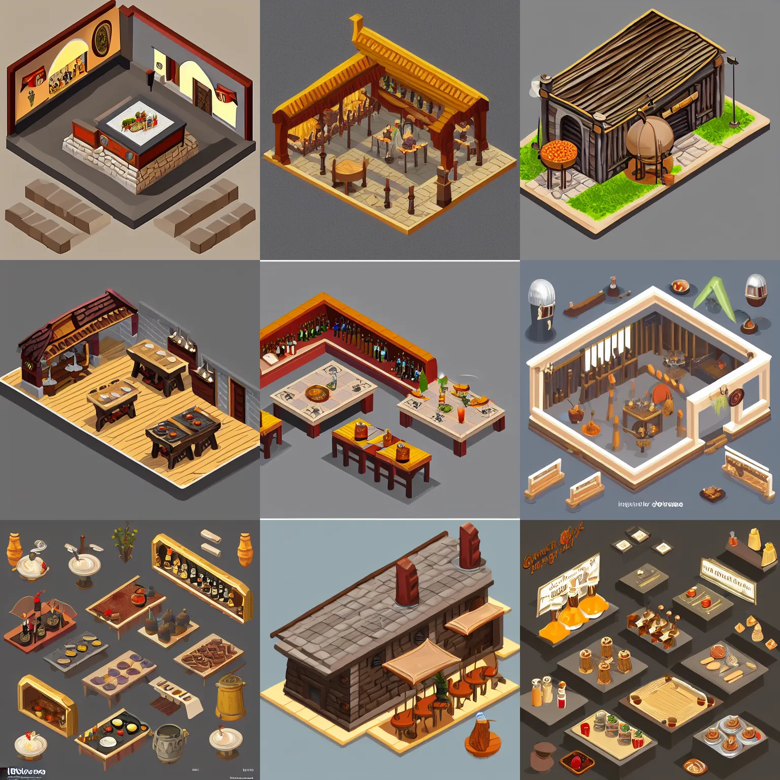 Prompt: isometric view, medieval tavern, asset on grey background