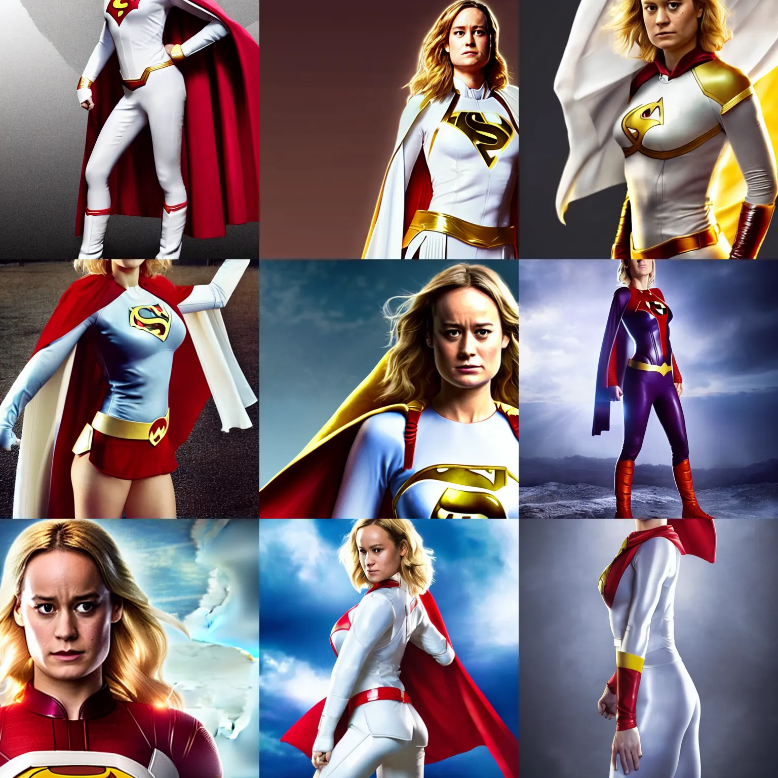 Prompt: Brie Larson as DC Comics' Power Girl, full body with white costume and cape and chest, photo, 4k