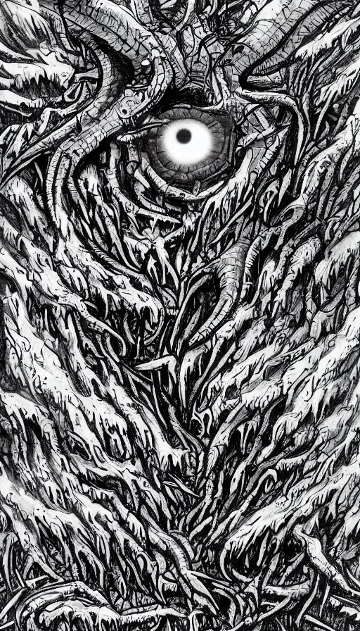 Image similar to a storm vortex made of many demonic eyes and teeth over a forest, by studio 4 c