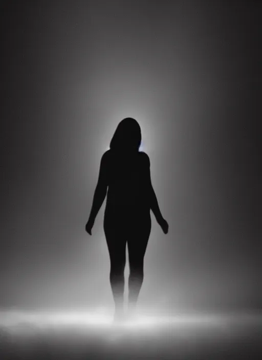 Image similar to a female silhouette walking, astral projection, white glowing aura, out of body, fog, film grain, cinematic lighting