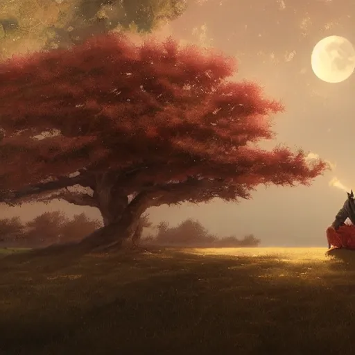 Image similar to a samurai sitting under a tree, back lighting, dramatic scene, detailed, night time, full moon, in the style of greg rutkowski