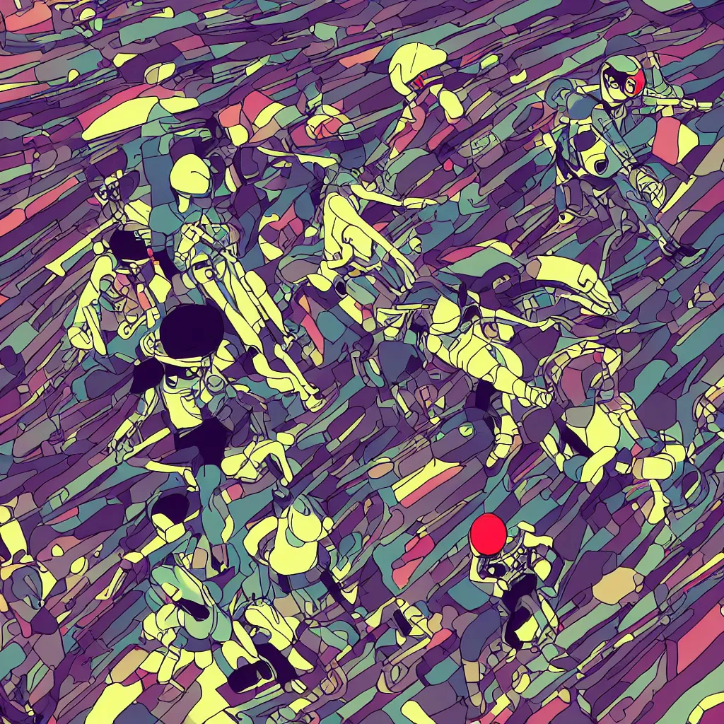 Image similar to people wearing helmets, ryuta ueda artwork, jet set radio artwork, stripes, gloom, space, cel - shaded art style, broken rainbow, data, minimal, speakers, code, cybernetic, dark, eerie, cyber