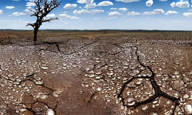 Image similar to panorama of big raindrops flying upwards into the perfect cloudless blue sky from a dried up river in a desolate land, dead trees, blue sky, hot and sunny highly-detailed, elegant, dramatic lighting, artstation, 4k, cinematic landscape, photograph by National Geographic