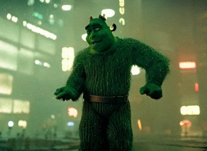 Image similar to film still shrek wearing leather coat as a detective in blade runner, 8 k