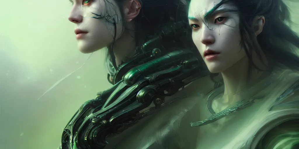Prompt: ultra detailed beautiful nordic cyborg, black long hair, green eyes, sharp bone structure, extremely detailed digital painting, in the style of fenghua zhong and ruan jia and jeremy lipking and peter mohrbacher, mystical colors, rim light, beautiful lighting, 8 k, stunning scene, raytracing, octane, trending on artstation