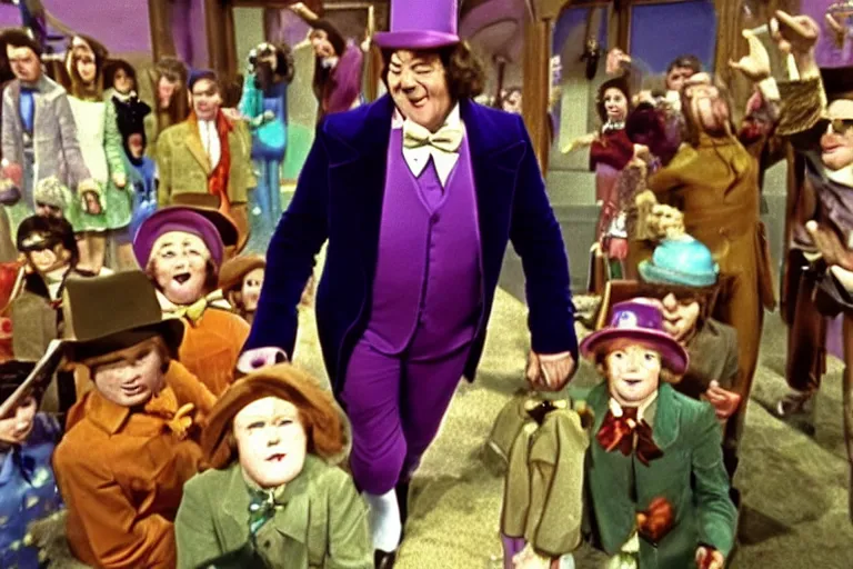 Prompt: Film still of Stephen Fry as Willy Wonka in Willy Wonka and the Chocolate Factory 1971