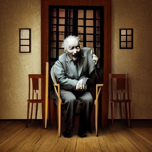 Image similar to angry old man in chair inside a dark house, surrealism