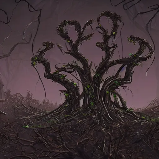 Prompt: a city with building made of twisted trees and thorny vines with glowing flowers, dark, moody, creepy, concept art