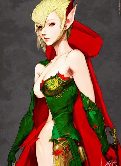 Image similar to Full body portrait of a beautiful young blonde short haired elven princess wearing red, green and gold priest robe. In style of Yoji Shinkawa and Hyung-tae Kim, trending on ArtStation, dark fantasy, great composition, concept art, highly detailed.