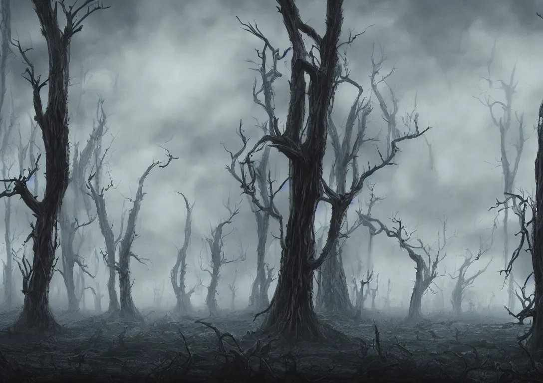 Prompt: vast open view of dreary, swampy landscape with sparse dead trees, gloomy, flat clouds, artstation award, fantasy, concept art, dramatic, painting, illustration