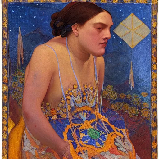 Image similar to the night crown, by Annie Swynnerton and Nicholas Roerich and Diego Rivera, embroidered robes, starry tattoos, elaborate costume, geometric ornament, symbolist, soft colors, dramatic lighting, smooth, sharp focus, extremely detailed