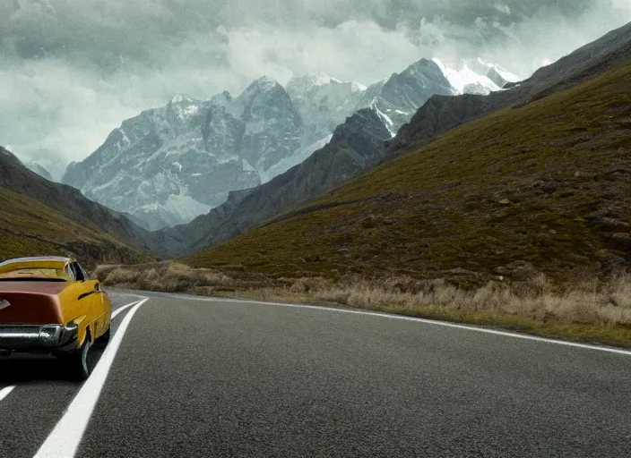 Image similar to A very high resolution image from a new movie, landscape from a car window , mountains, raining, hot, directed by wes anderson