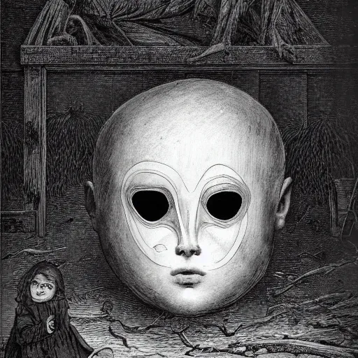 Image similar to found footage of floating mask in abandoned house. b & w grainy. children illustration. art by gustav dore - andy riley