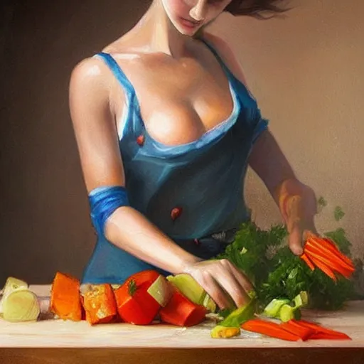 Image similar to a beautiful painting of a gorgeous young mother chopping vegetables on a weathered cutting board, representative of the art style of artgerm and wlop and peter mohrbacher