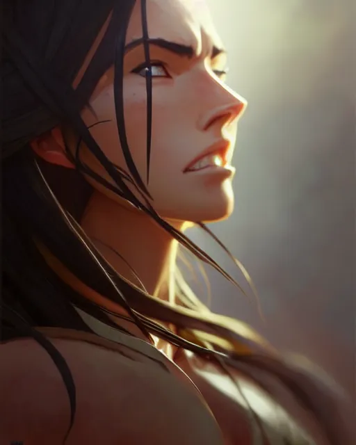 Image similar to azctec warrior, megan fox, detailed perfect face, exquisite details, fire magic, mid view, design on a white background, by studio muti, greg rutkowski makoto shinkai takashi takeuchi studio ghibli