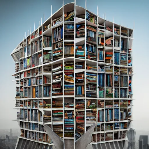 Image similar to a building made of books, photorealistic, detailed, surrealist architecture, behance, trending on artstation, archdaily