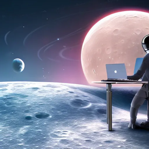 Prompt: 3 d, ultra realism, extra detail, back of a man sitting on his chair with a desk and his futuristic laptop, on the moon, with the universe in the background by stan lee