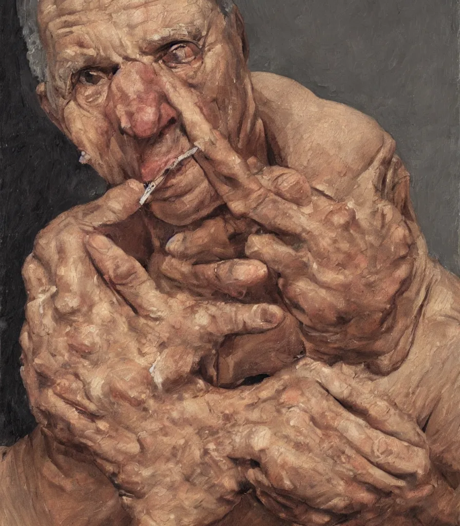 Prompt: portrait of an old man without shirt in the style of lucian freud. smoking a cigarette, mouth slightly open. face has many wrinkles, cuts and character. he is looking down. oil painting, thick brush strokes. hard, strong shadows. high contrast. clean gray brown background. lit by a single hard light from above their heads. perspective from below. 3 0 mm.