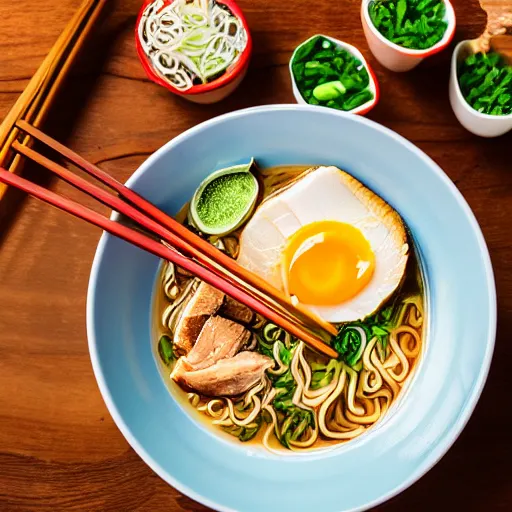Image similar to A delicious ramen with chicken, eggs, and veggies, the only lighting is from the sunlight, photorealistic imagery, 35mm photography, professional photography, 4k, 8k