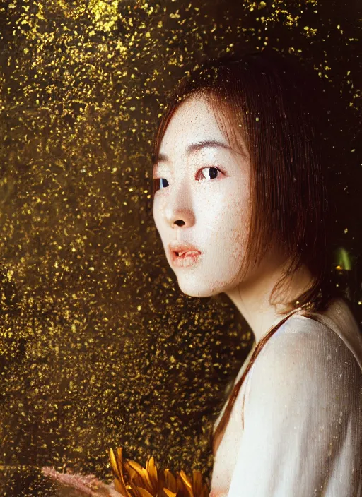 Image similar to Kodak Portra 400, 8K, soft light, volumetric lighting, highly detailed, Kasumi Arimura style 3/4 ,portrait photo of Japanese princess, the face emerges from a thermal water flowing down gold travertine terraces, with lotus flowers, inspired by Ophelia paint , a beautiful luxurious royal suit, intricate hair with highly detailed realistic beautiful flowers , Realistic, Refined, Highly Detailed, ethereal lighting colors scheme, outdoor fine art photography, Hyper realistic, photo realistic