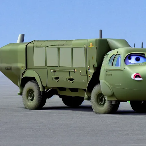 Image similar to HIMARS with missile, eyes and smile, Cars Pixar movie style, detailed, green