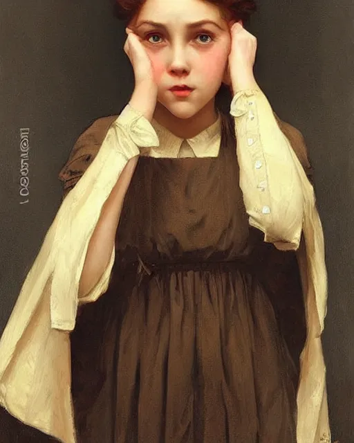 Prompt: a girl, face expressing a disbelief, oil on canvas, artstation, by j. c. leyendecker and edmund blair leighton and charlie bowater, beautiful face, octane, very aesthetic!!!!!!!!!!!!!!! stunning gorgeous big eyes